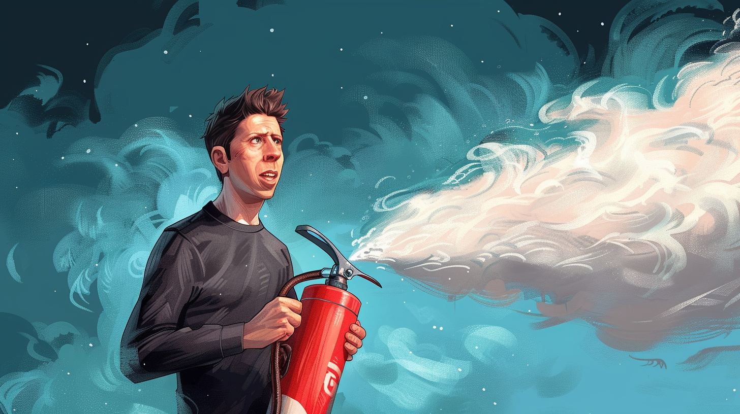 Cartoonish caricature AI illustration of Sam Altman holding a red fire extinguisher and spraying white foam against a blue backdrop
