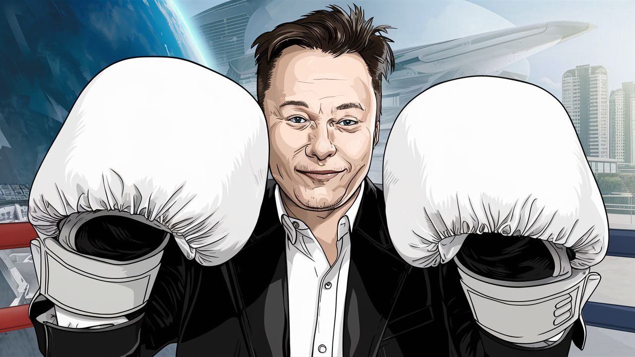 AI illustration of Elon Musk with large white boxing gloves and hands raised.